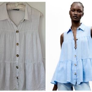 Zara Linen Tiered Coastal White Sleeveless Peasant Top